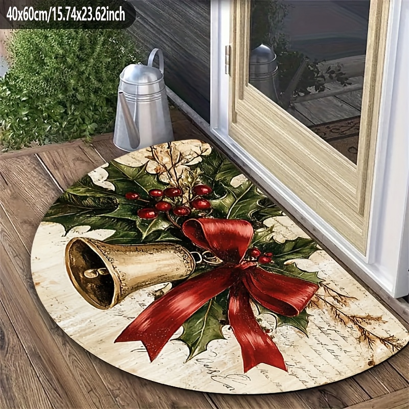 TEMU 1 Christmas Bell And Holly Half Round Door Mat - Durable, Non Slip, Washable Holiday Decoration With Red , Suitable For Living Room, Bedroom,