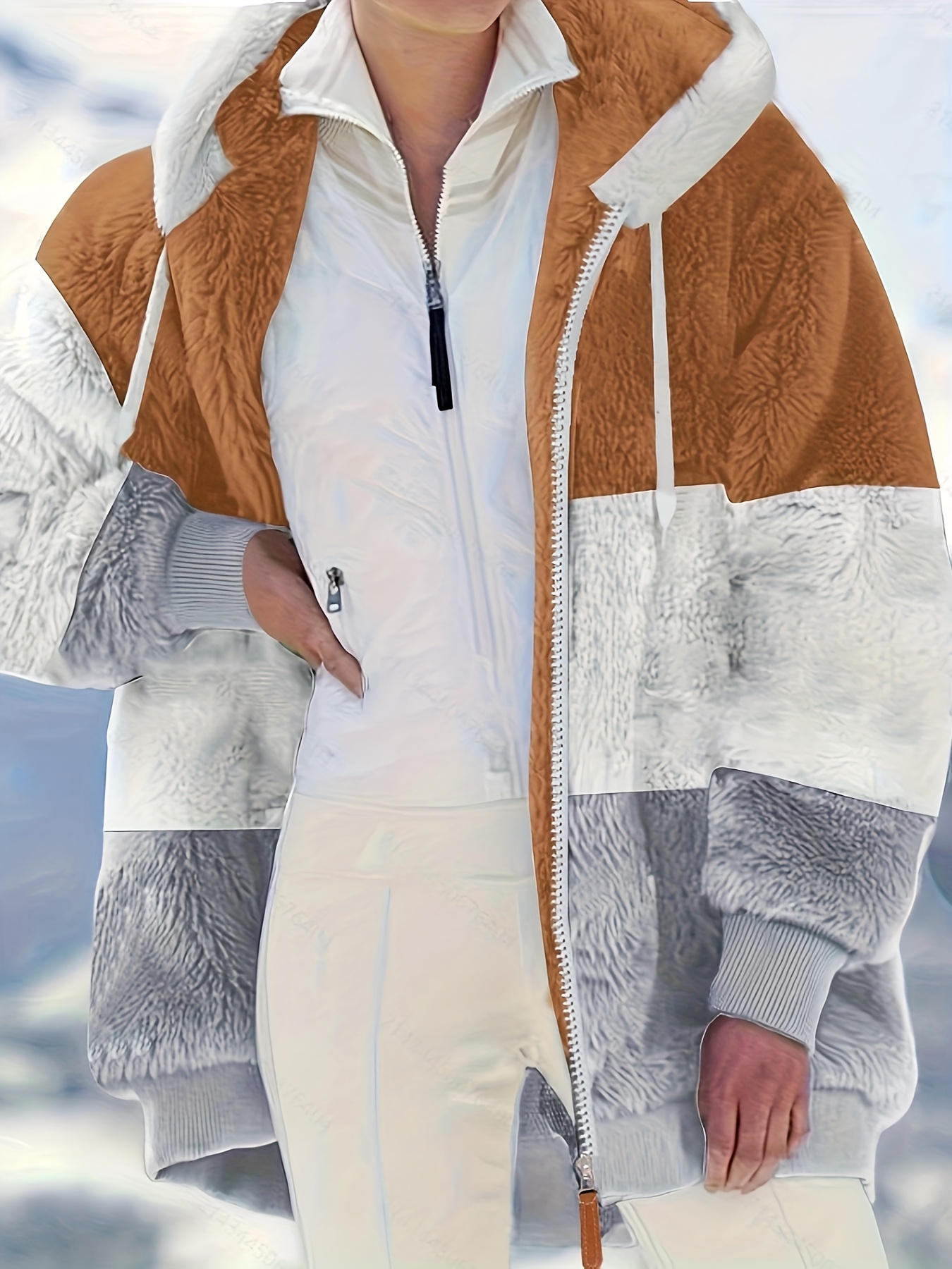 Chamarra elegante para mujer con capucha forrada en peluche y cierres metálicos, diseño color block, abrigo de invierno holgado, lavable en máquina, ropa exterior para clima frío en otoño e invierno, abrigos de invierno para damas, comodidad con forro de peluche