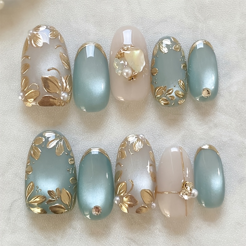 TEMU 10pcs Nail Flowers Press On Nails Almond Acrylic Nail Medium Tip Design Fake Nails Reusable Gilding And 3d Rhinestone Decorate Full Cover Luxury
