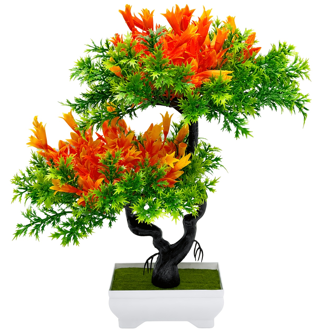 TEMU 1pc Floral Leaf Artificial Bonsai With Orange And Layered Emerald Cloud-like Canopy. Potted Plant Includes A White Rectangular Flowerpot With