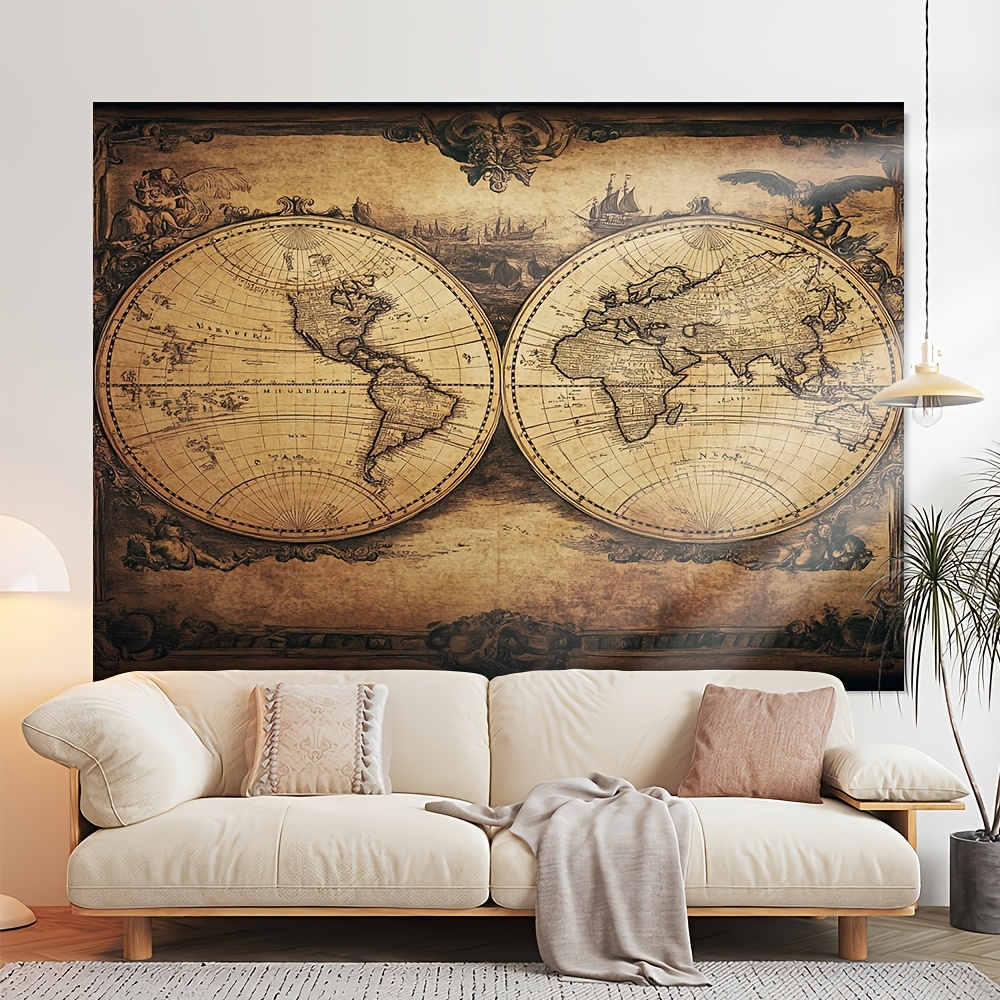 

1pc Vintage Carte du Monde Tapisserie Murale, 39x59in/51x59in/70.8x90.5in, Polyester, Style Contemporain, Pas Besoin d'Électricité, Plumes, pour la Décoration de et du Salon