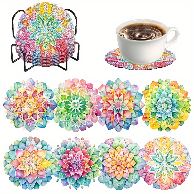 

Floral 5d Diamond Painting Mosaic Kit, Round & Irregular Diamond Shapes, Reinforced Wood, Diy Art Gift, Home & Office Decor, Heat-resistant Coaster With Stand For Drinks