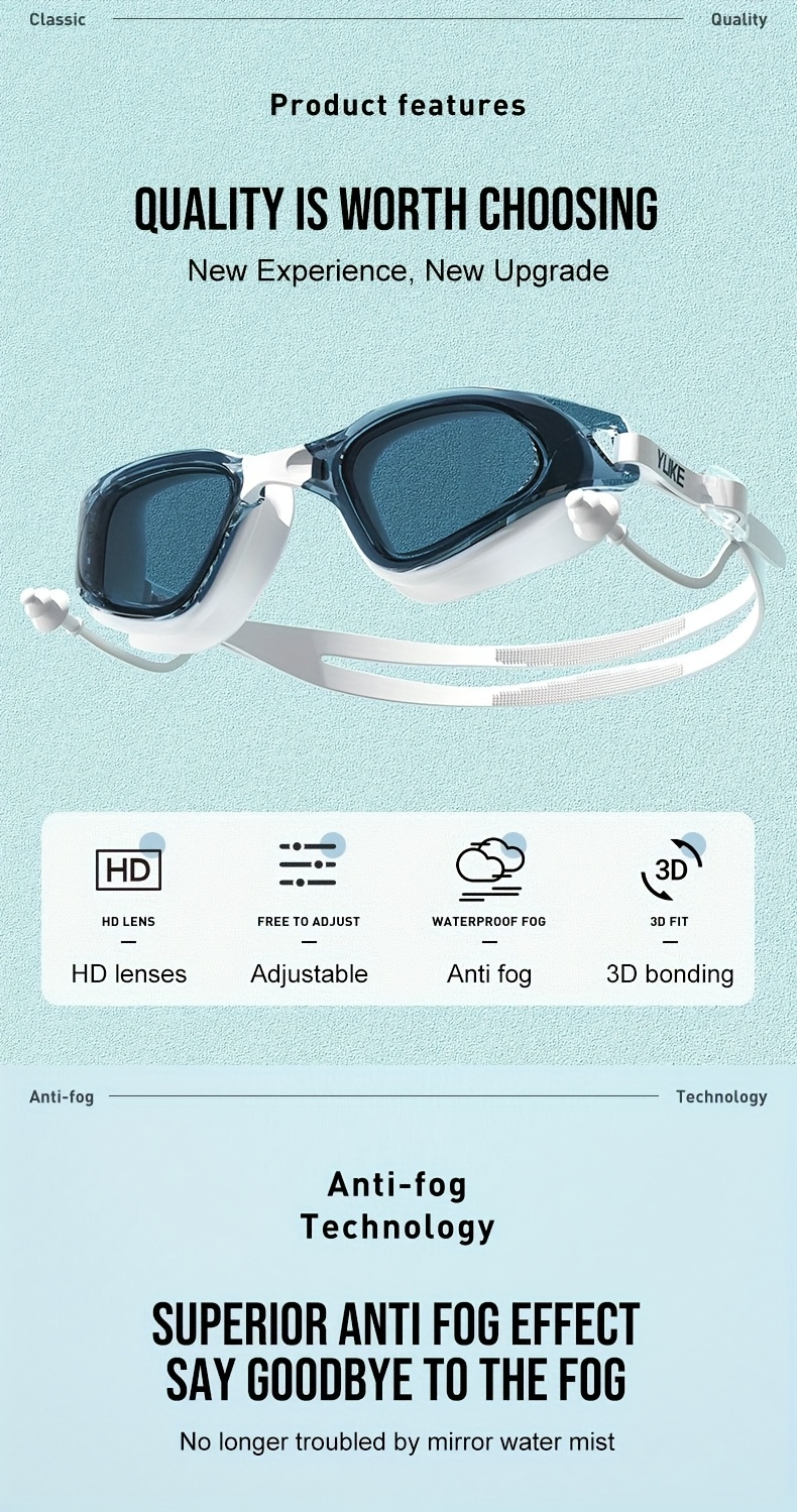 Adult high-definition swimming goggles, made of durable PC material, leak proof, with non fogging lenses and a frame design that provides a wide field of view. Available in black, white, and blue, unisex