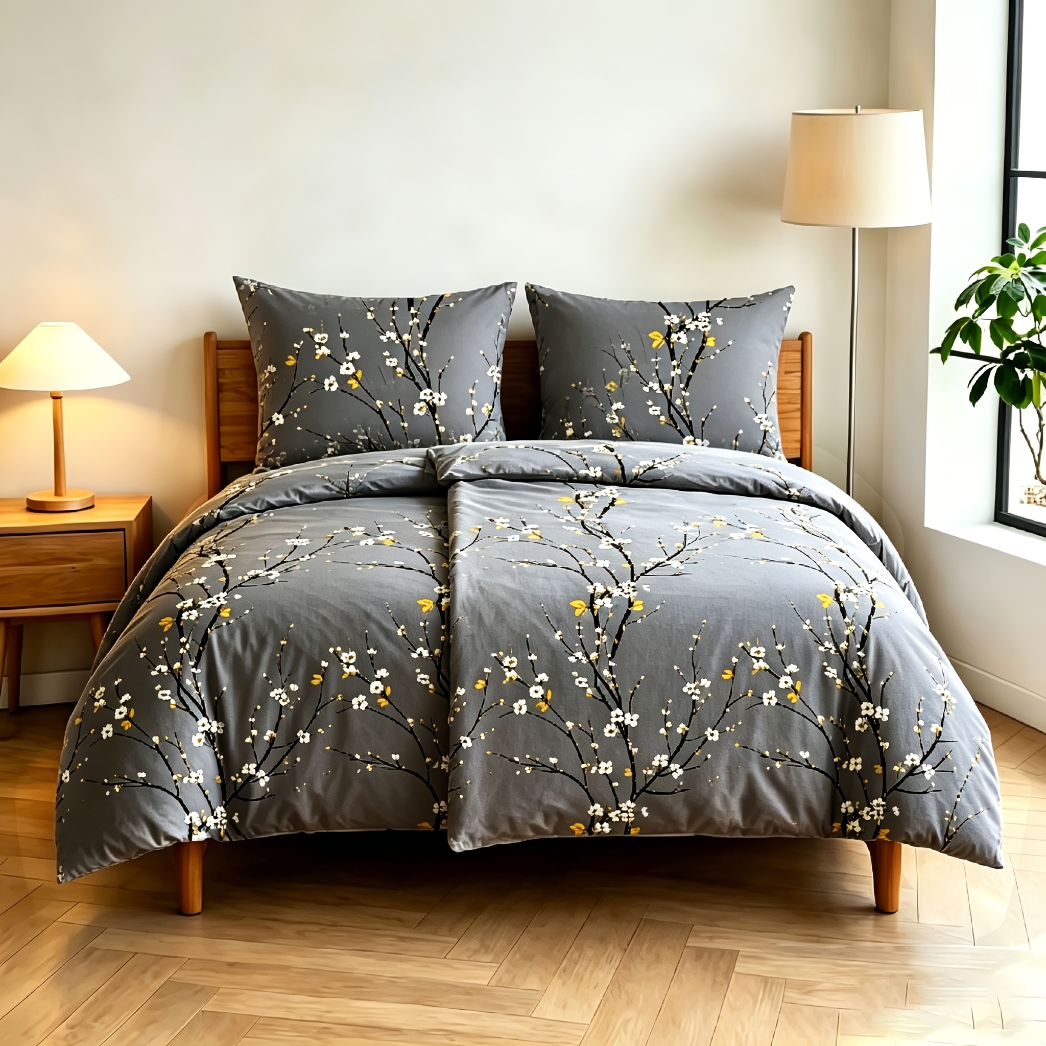 4pcss Optional Plant Plum Duvet Cover 4pcs Set (2 Duvet Covers And 2 Pillowcases, No Duvet Insert And Pillow Inserts), Skin-friendly Breathable Bedding, Student Dorm Home Use Duvet And Pillowcase Set