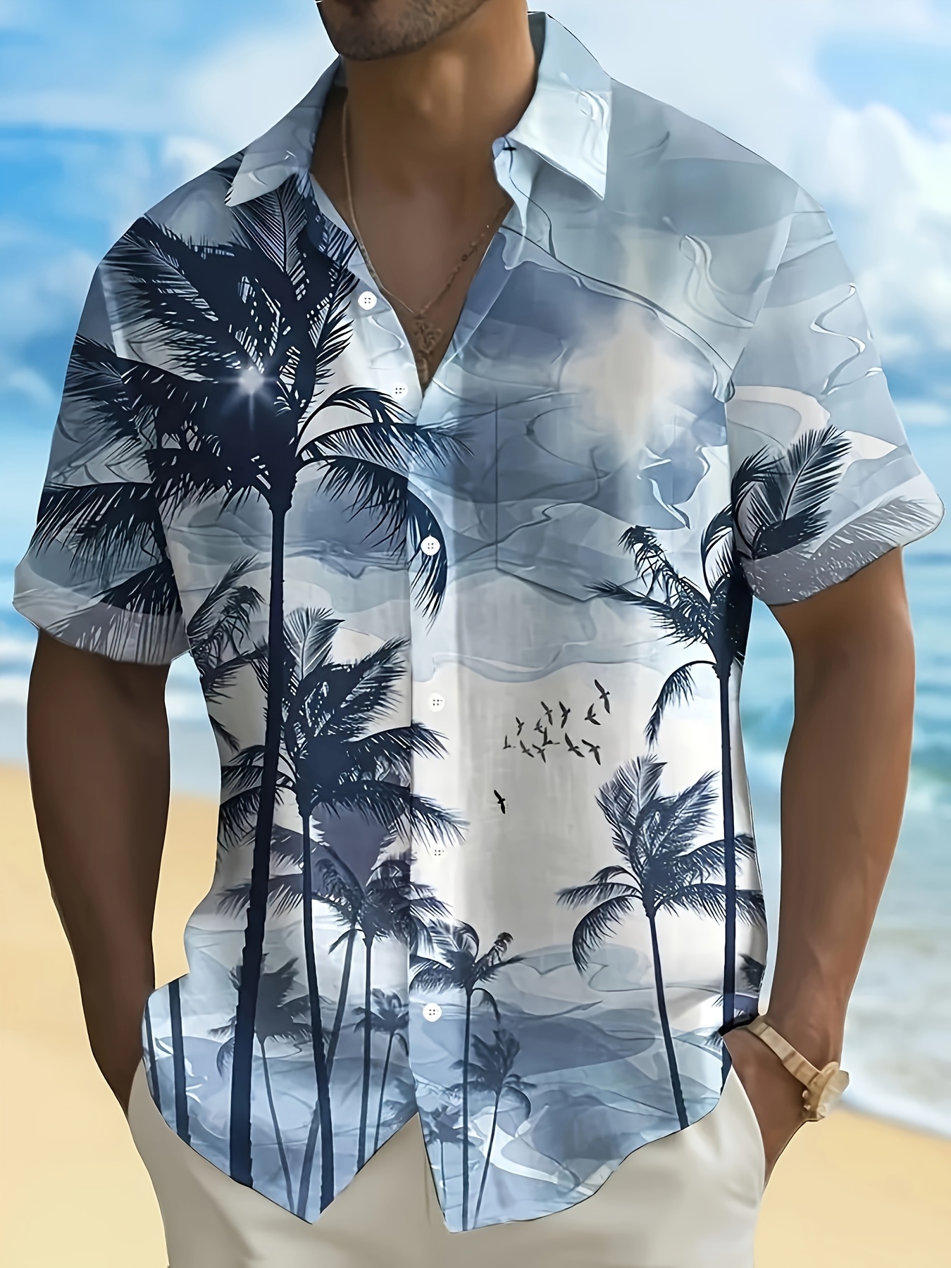 Men's Short-sleeved Button- Shirt with Coconut Tree Print, Casual Men's Shirt Suitable for Daily Summer Wear and Vacation Resorts