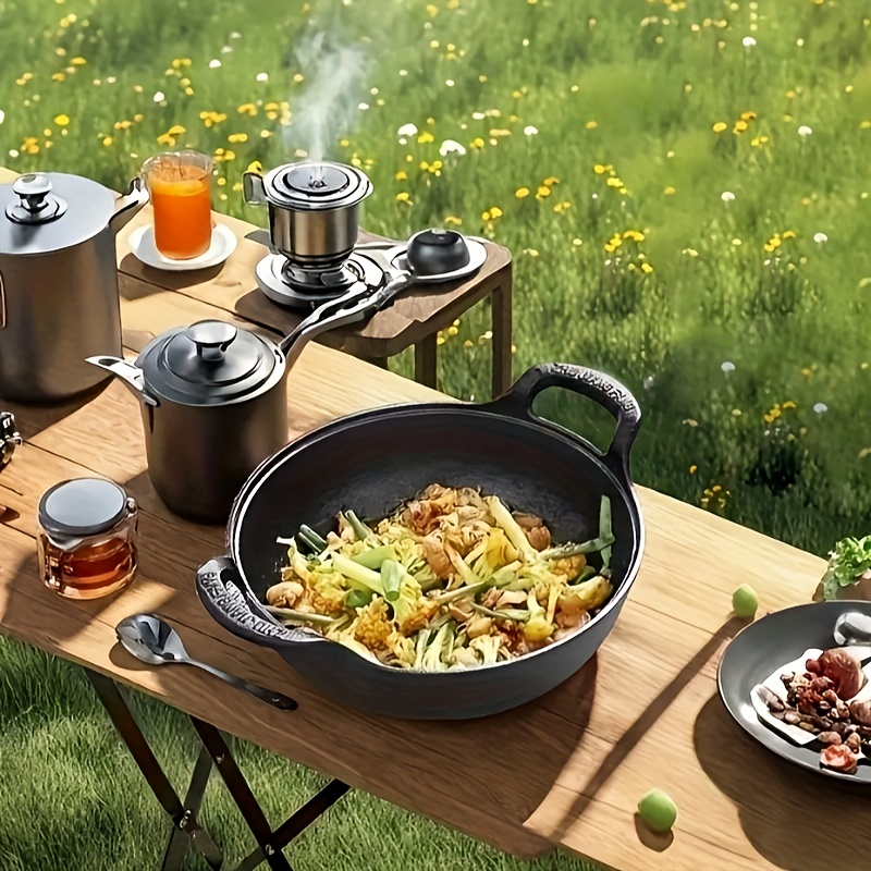 1pc cast iron wok with wooden lid non stick induction gas stovetop compatible ideal for cooking   boiling noodles food contact safe kitchen cookware 3