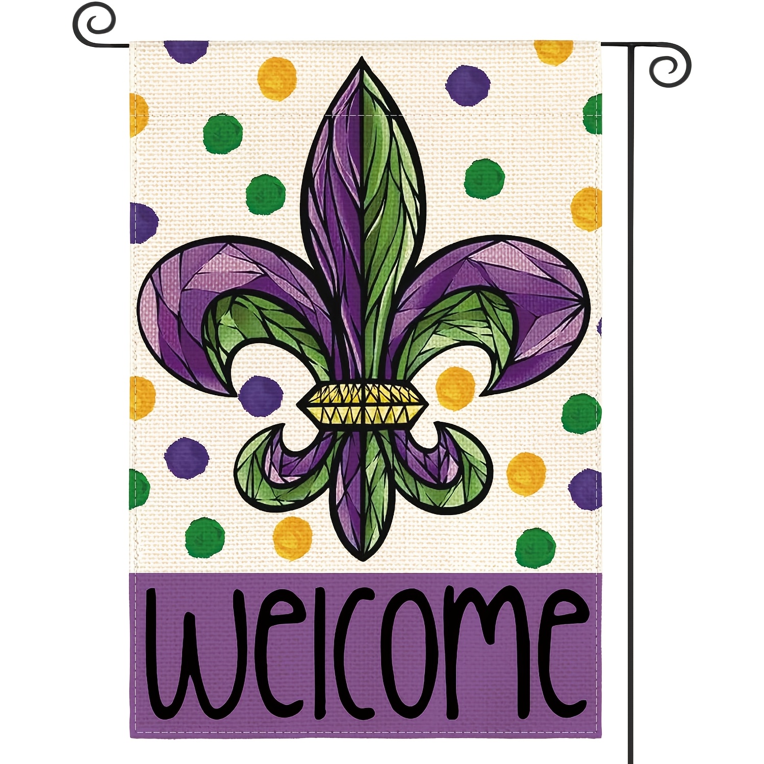 

1pc Mardi Gras Lily & Polka Dot Garden Flag - "welcome" Outdoor Decor For Carnival, Patio Parties & Celebrations, Polyester, 12x18 Inches, Outdoor Decorations