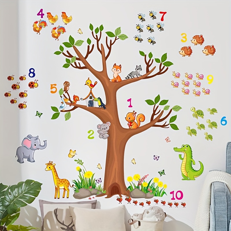 Cartoon Animals Digital Wall Decals Green Leaves Wall Stickers Woodland Animals Elephants Dinosaurs Wall Art Removable Garden Plants Grass Flowers Decorative Wall Stickers