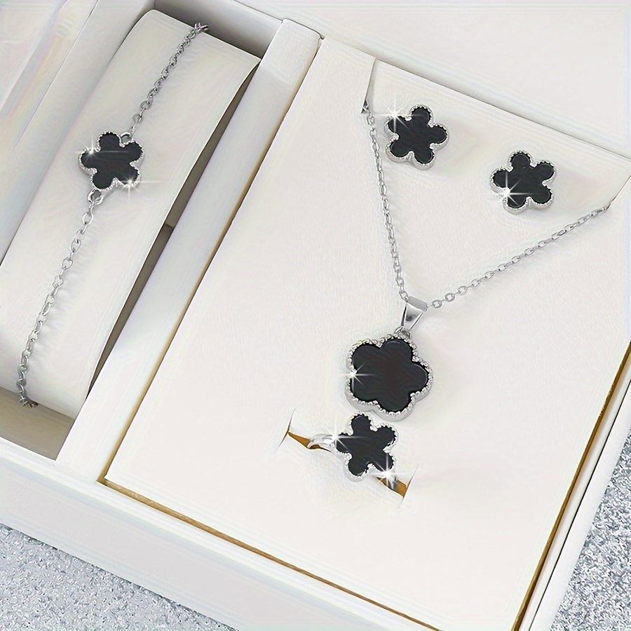 

4-leaf Clover Jewelry Set, 5-piece Simple Style, Elegant Gift For Mother's Day, Necklace, Earrings, Ring, Bracelet, Silver-plated Banquet Accessories