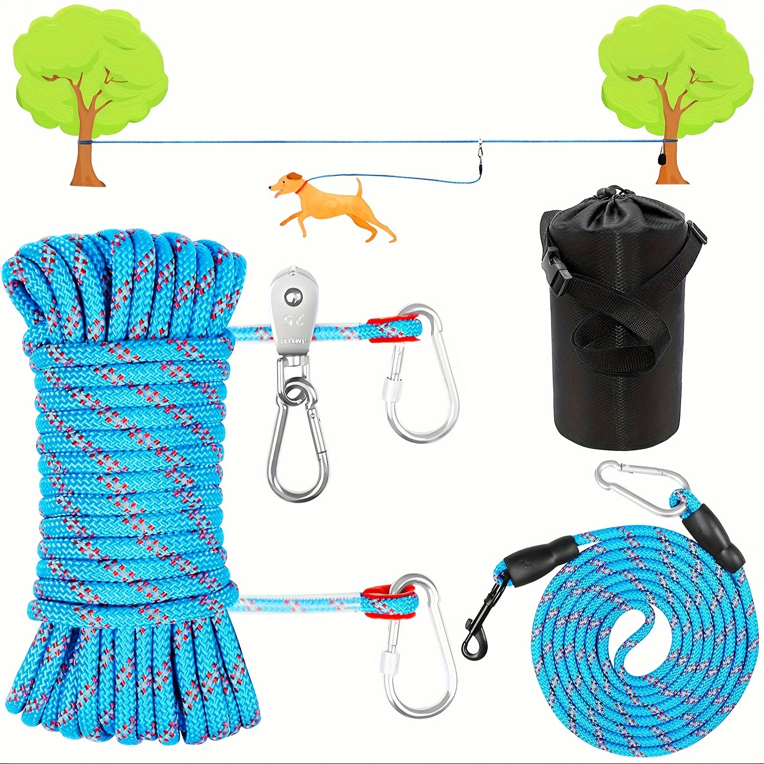 

Dog Tie Out Cable For Camping, 75ft Portable Overhead Trolley System With 10ft Runner Lead For Dogs Up To 200lbs, Portable Reflective Dog For Yard, Park And Outdoor (blue)