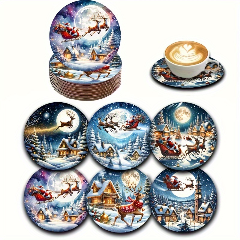 

6pcs Christmas Night, Santa Claus And Elk Gifts, Christmas Coaster Set, Tea Coaster, Coffee, Beverage Mug Coaster, Suitable For Home And Dining, Gift , Friends