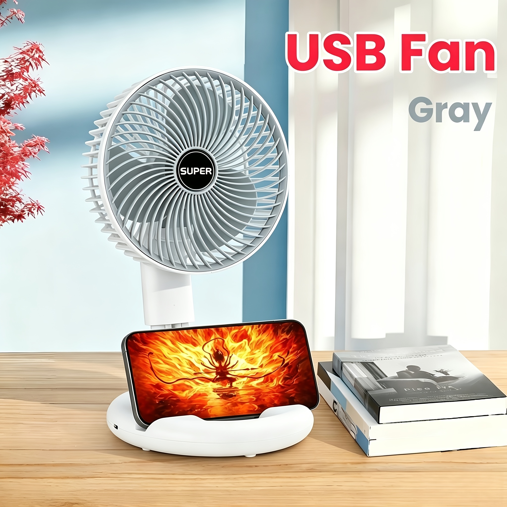 TEMU Portable Usb Desk Fan, Foldable Personal Mini Fan With Phone Holder, 3 Speeds Adjustable, 120° Tilt & Wall Mount, Quiet Cooling For Home Office