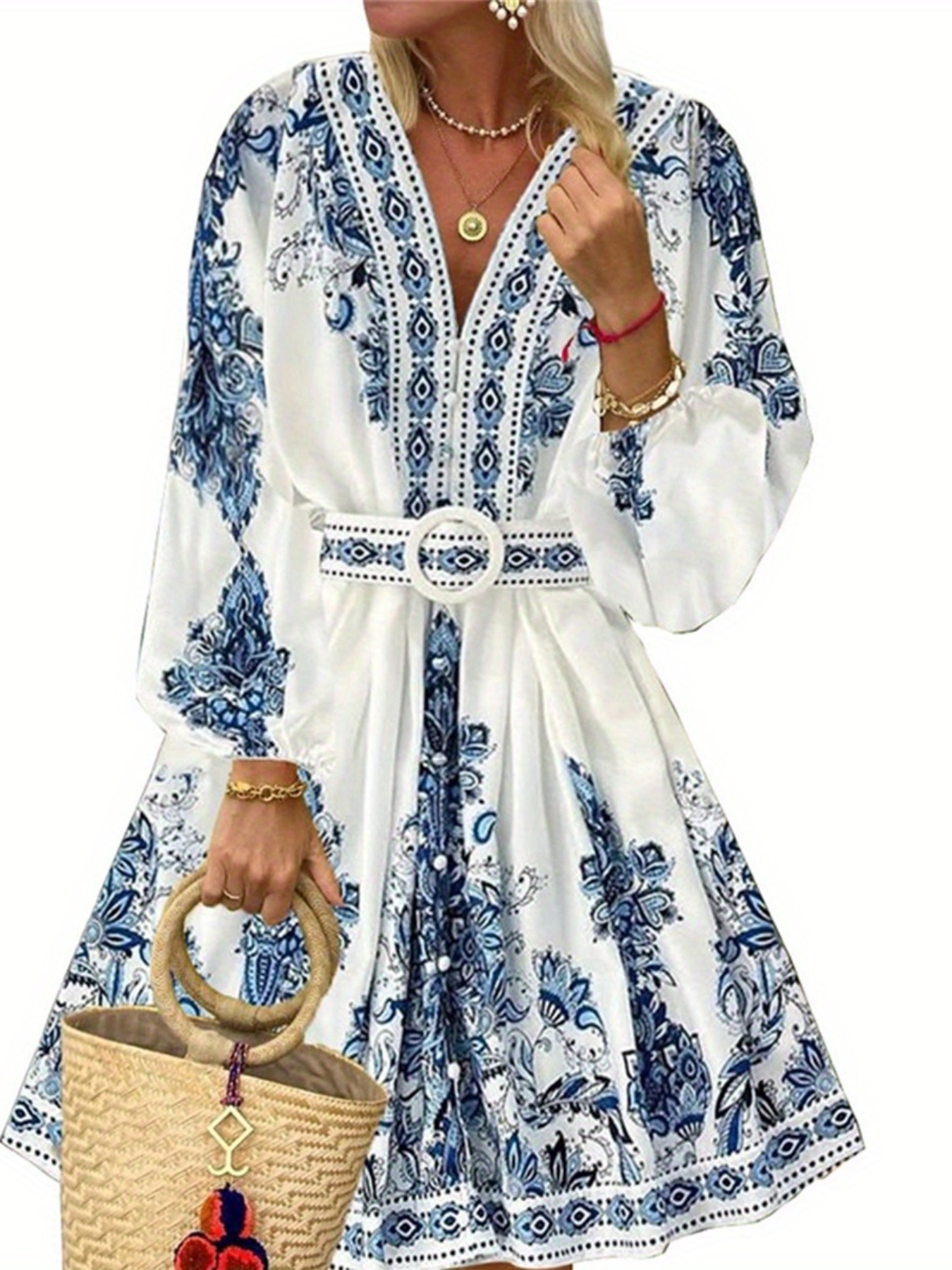 womens vintage bohemian floral print dress v neck long