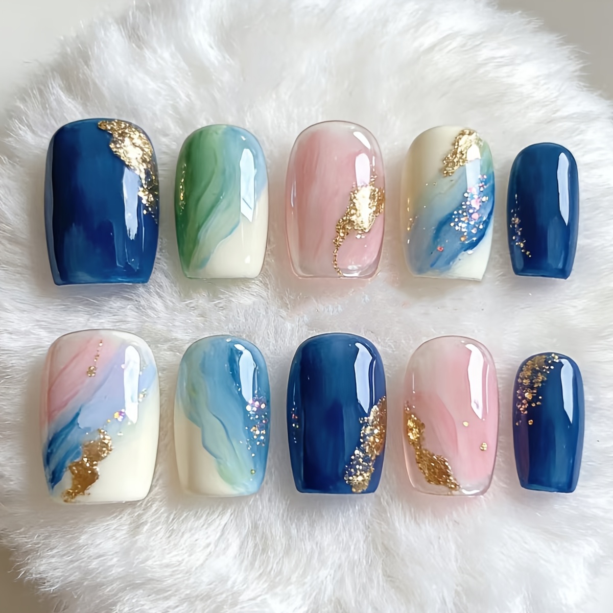 TEMU Fresh Watercolor Blend Blue Black Flash Wearing Armor 24pcs Square Middle Style White Easy Detachable Wearing Armor Suitable For Women And '