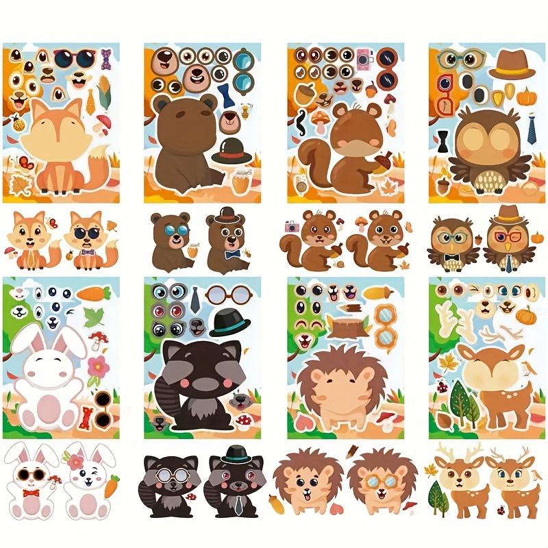 Image of 16pcs Animal Forest Toy Stickers - Cute Cartoon Diy Face Stickers For Luggage, Water Bottles, Phones, And Skateboards - Featuring Rabbits, Foxes, Hedgehogs, And