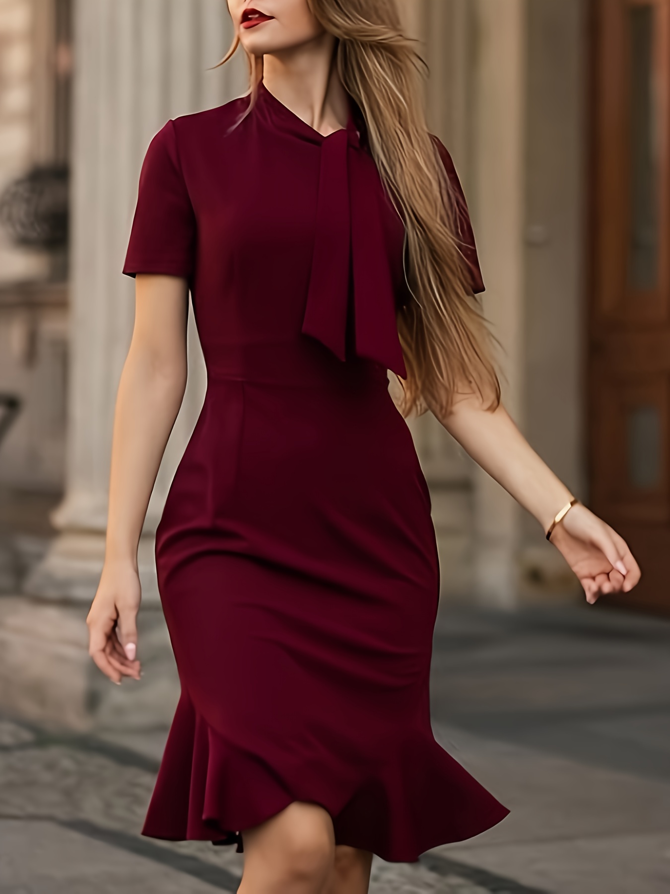 vintage inspired red knee length pencil dress tie neck short