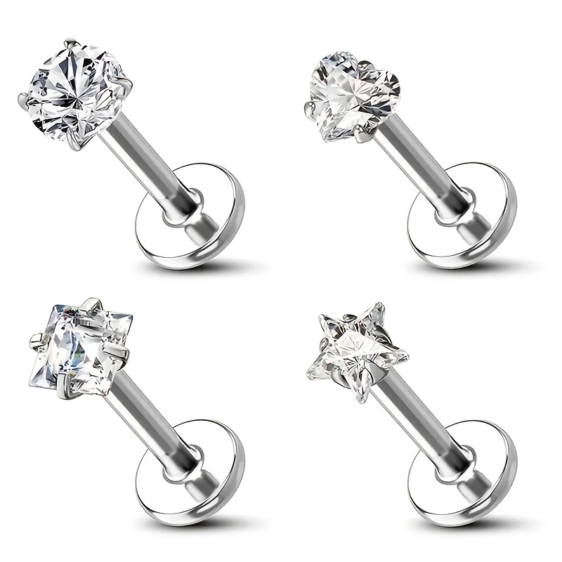 E-shop 4-teiliges Set aus 304 Edelstahl & synthetischem Zirkonia Piercing-Set – Herz, Stern, Quadrat für Labret, Lippe, Knorpel, Helix & Tragus Stecker