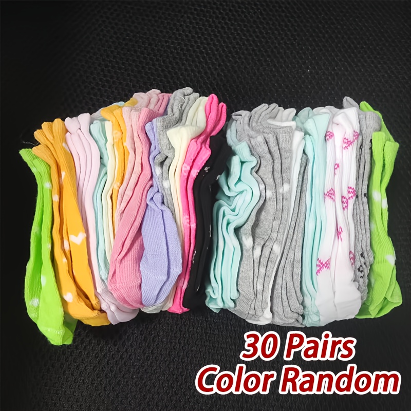 Image of 30 Pairs Color Random 's Heart Print Athletic Breathable Kids Socks - Candy Color Children's Sports Socks For Gym Running Casual Wear, Seasonal , Design, Geometric Pattern, Soft Material