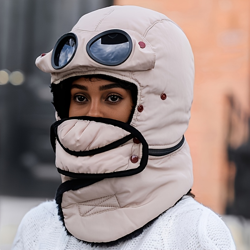 trapper hat with goggles windproof, thick fleece-lined cap for