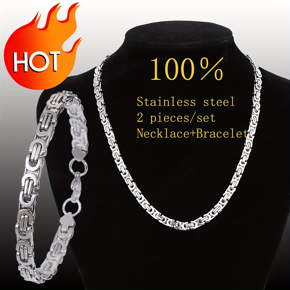E-shop 2-teiliges Set 304 Edelstahl Flache -Kette Halskette Armband Set - Modisches Schmuckset für Herren, Damen - Feiertagsgeschenk für Ihre Liebsten