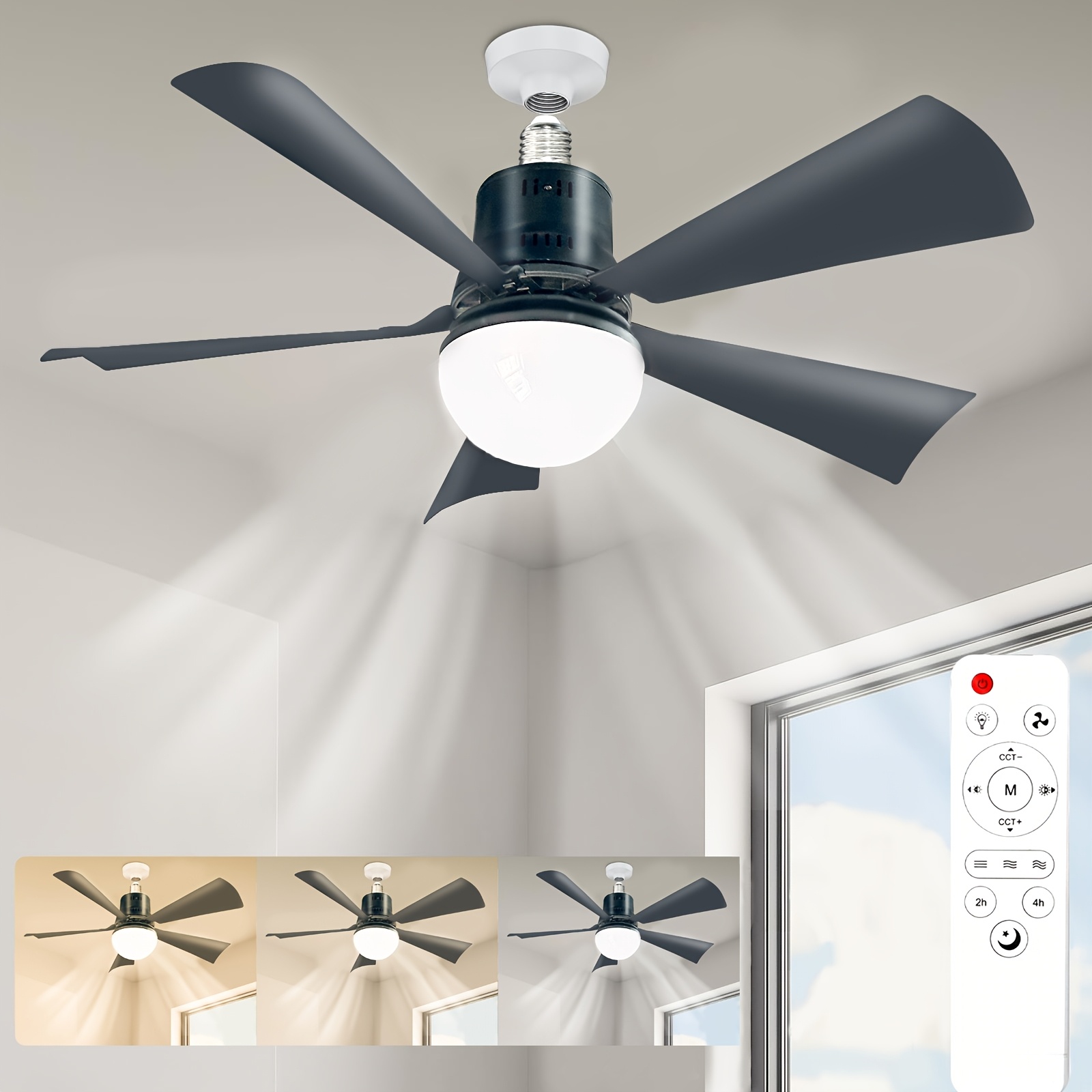 20.5inch Socket Fan Light With Remote, Screw Ceiling Fans With Lights, E26 Base Small Ceiling Fan, Dimmable Socket Fan Ceiling Fan With Light For Garage Bathroom Bedroom Kitchen, White