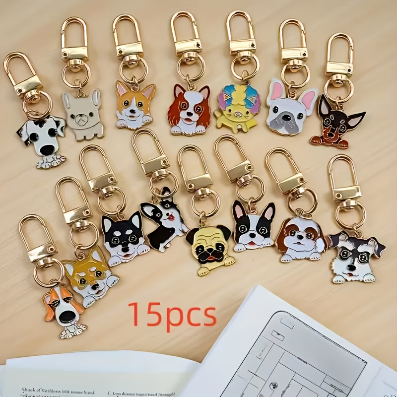 E-shop 15 Stück Cartoon Hunde Schlüsselanhänger | Zinklegierung Haustier Schlüsselringe, Rucksack und Auto Schlüssel Zubehör, Metall Schlüsselanhänger,