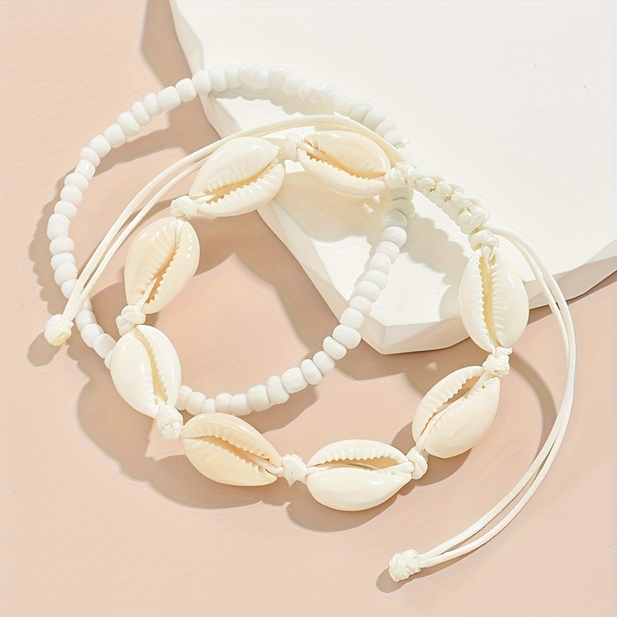 Boho Shell & Rice Bead Anklet Bracelets, Beach Jewelry