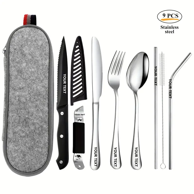 personalized customized outdoor portable cutlery set travel camping set 9 10pcs including knife chopsticks cleaning brush straw bottle opener steak knife with knife and not damaged portable bag silvery black Product details 0