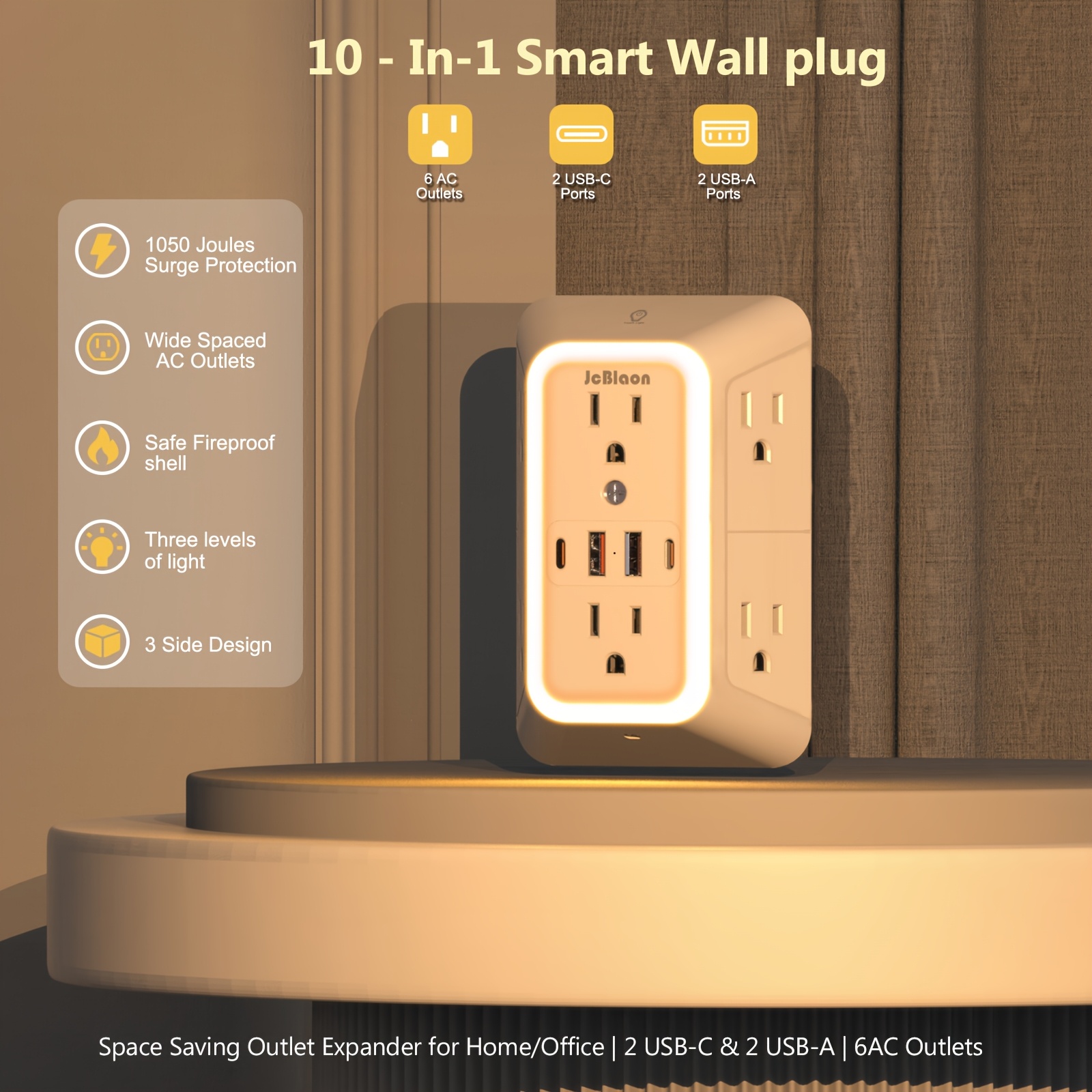 10 in 1 multi plug outlet with night light 6 outlet protector with 4 usb ports 2 usb c a with wall plug adapter for office Product details 4