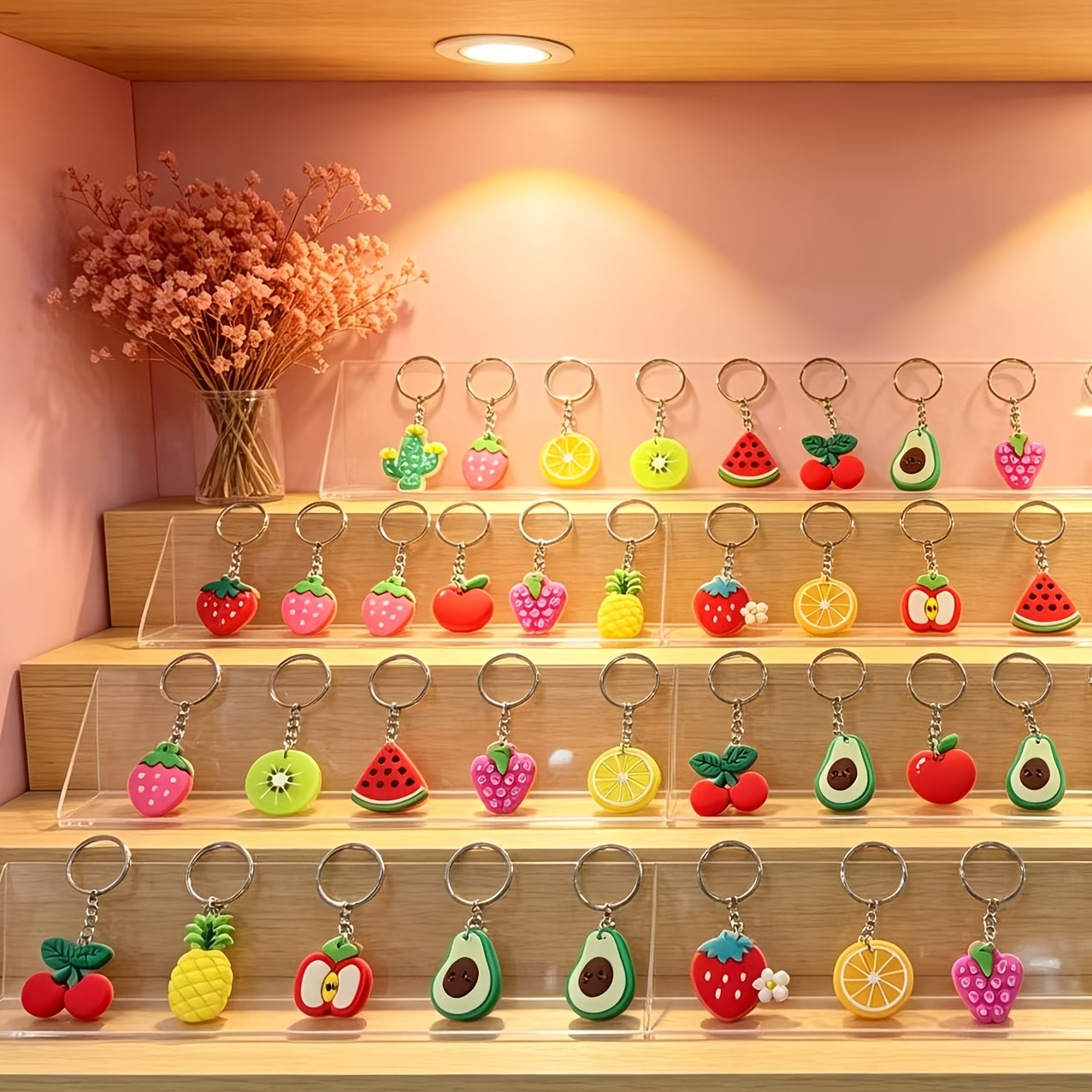 TEMU 2d Flat, Random 26pcs 2d Flat Fruit Series Keychain Set, Metal Key Rings With Assorted Fruit-shaped Pendants, Key Bag Accessories, Suitable For