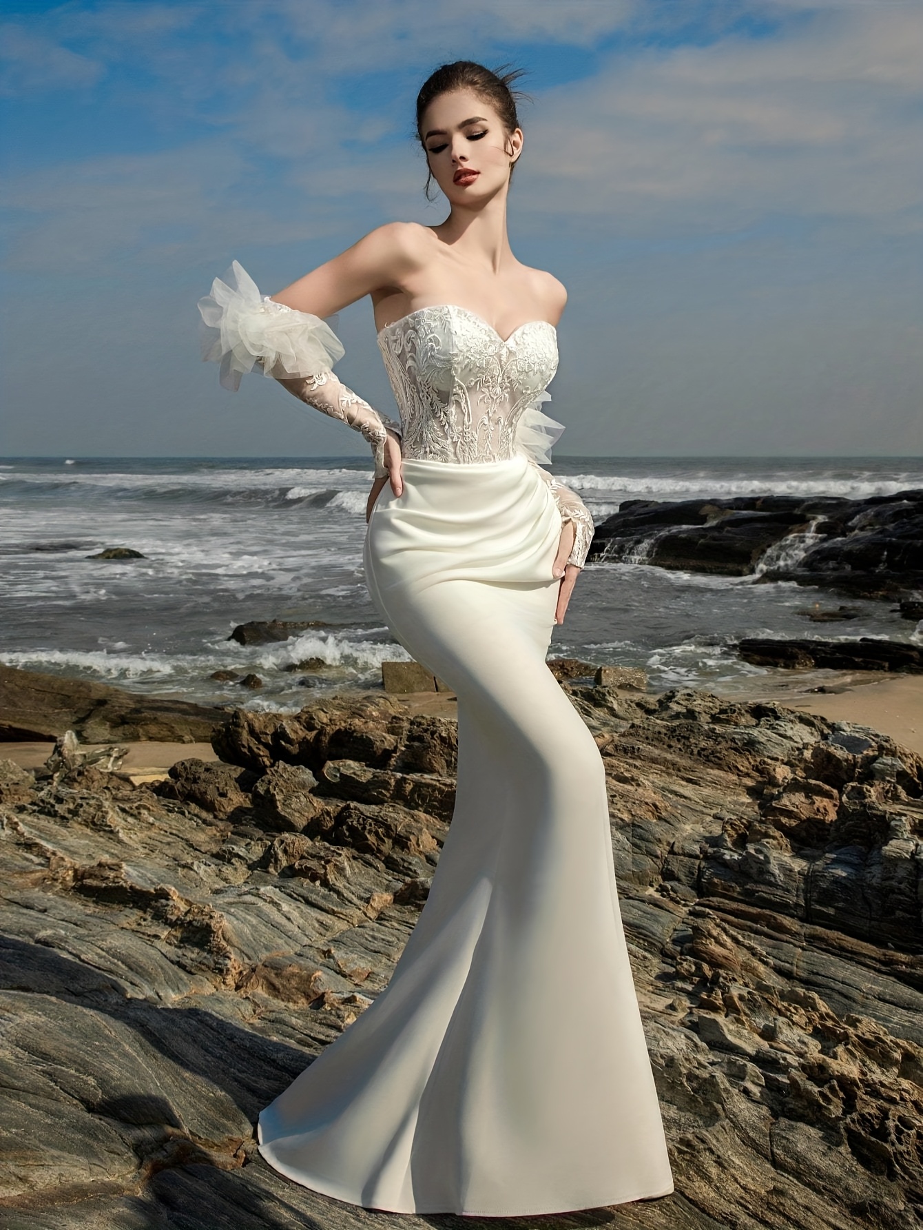 Elegante Zeemeermin Trouwjurk voor Vrouwen - Geschikt voor Trouwerijen * \u0026  * Gelegenheden - Korte Mouwen, Kantafwerking, Formele Jurk met  Bustevulling, Slanke Zeemeermin Jurk, image size:800x1066