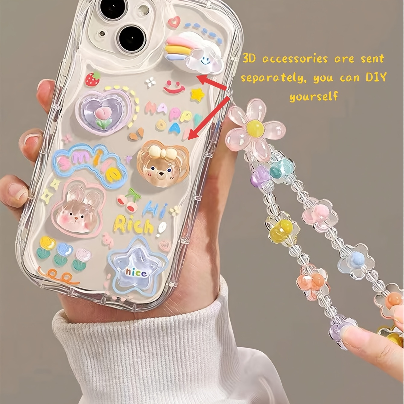 TEMU Funda para teléfono: Funda de bricolaje con borde ondulado de de dibujos animados adorable, con cadena de dije de flor tridimensional. Adecuada