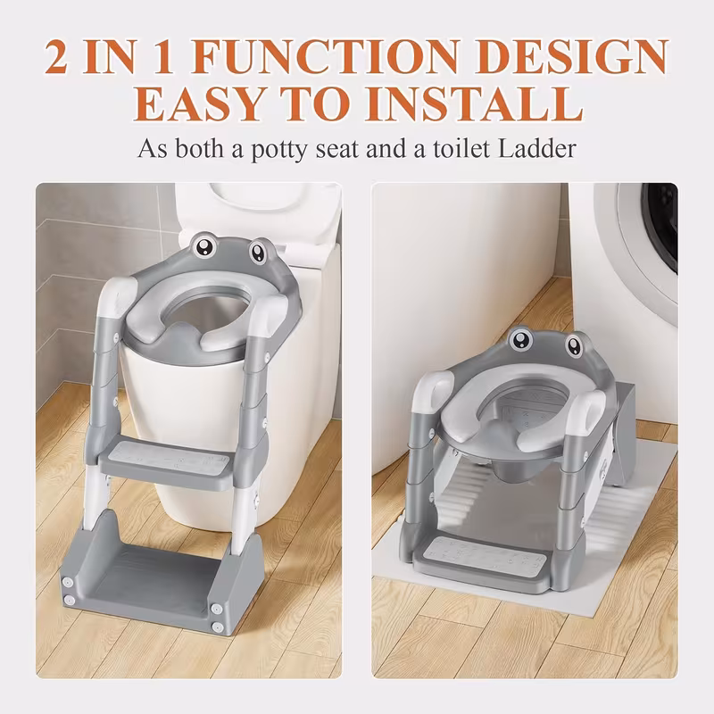 Frog Style 2-in-1 Toddler Toilet Training Seat with Step Stool - Splash Proof, Anti-Slip, Gray