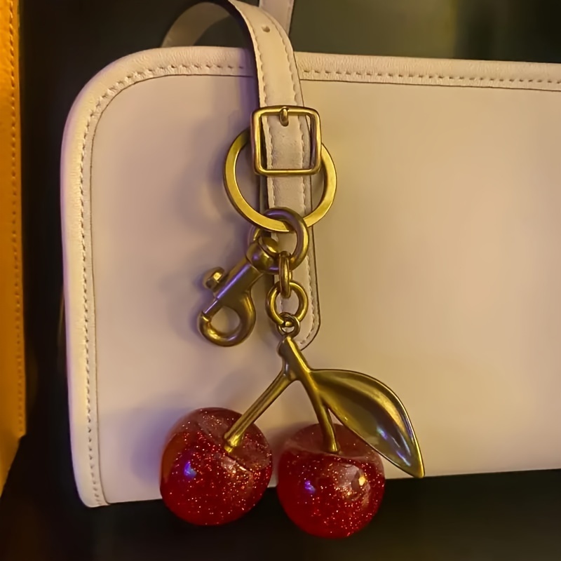 

Glittering Cherry Charm Keychain With Clip - Alloy & Sparkling Resin Cherry Pendant For Women's Purses And Handbags