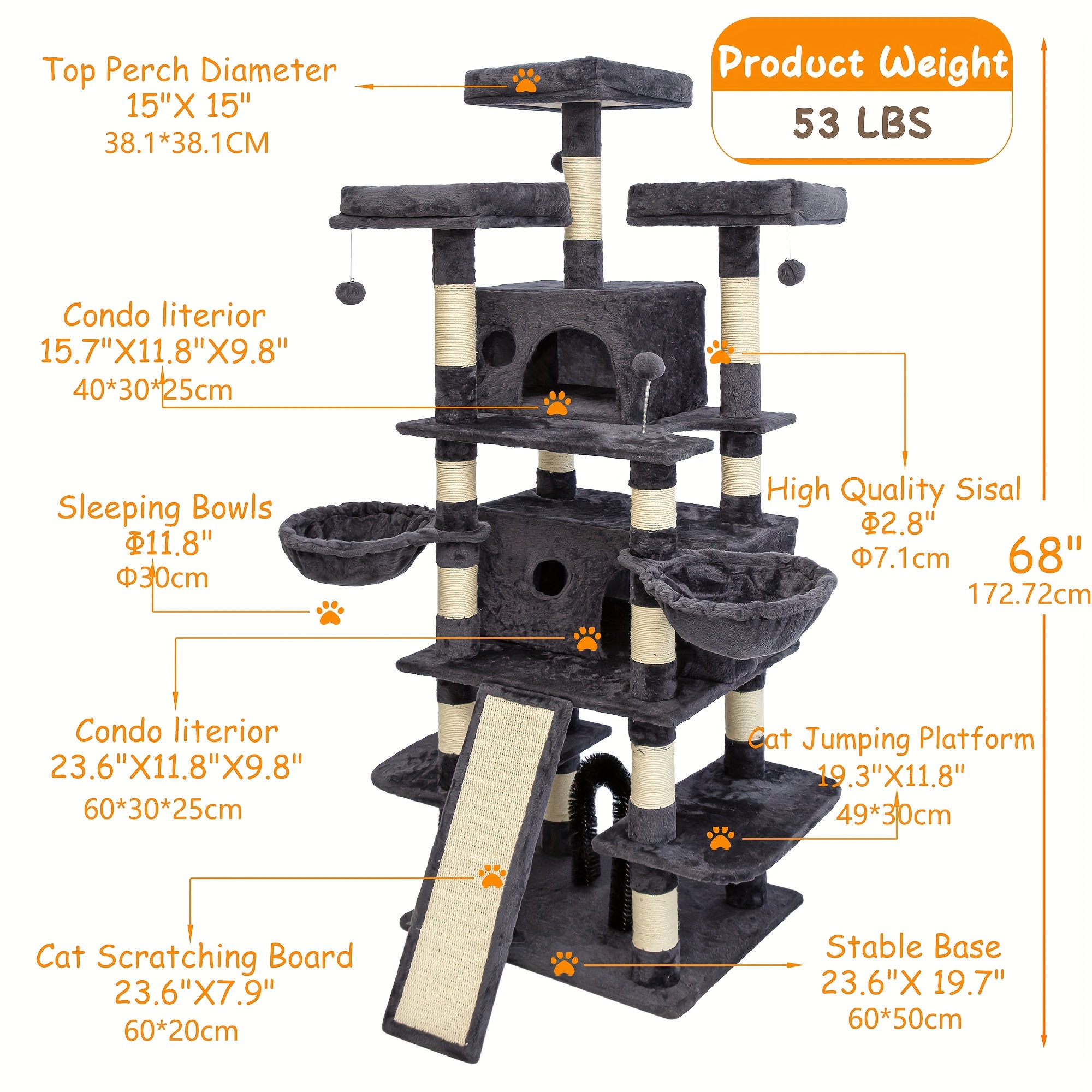 68 inches   level cat tree tall multi cats tower with 2 big cat condo cat hair brush large cat tree with 3 plush perches scratching posts for kittens smokey grey details 0