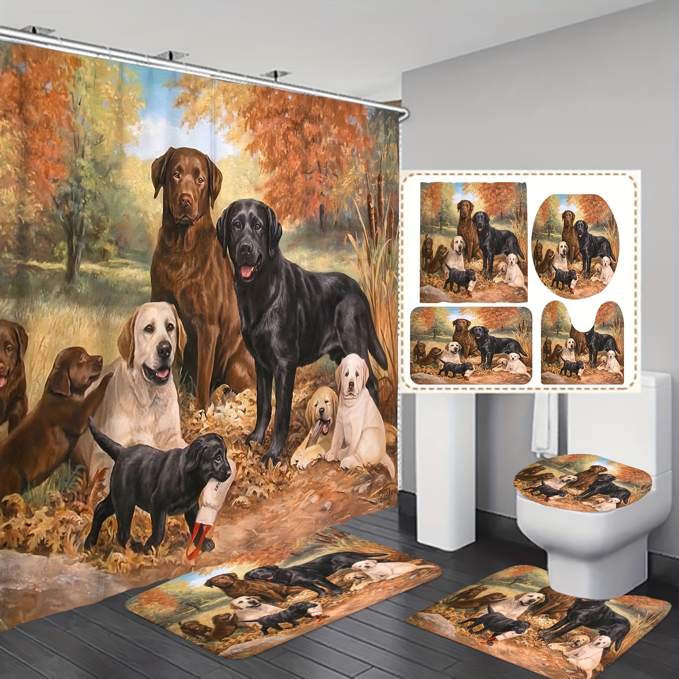 

1pc/3pcs/4pcs Oil Painting Dog Pattern Bathroom Set Shower Curtain -piece Set Four-piece Set