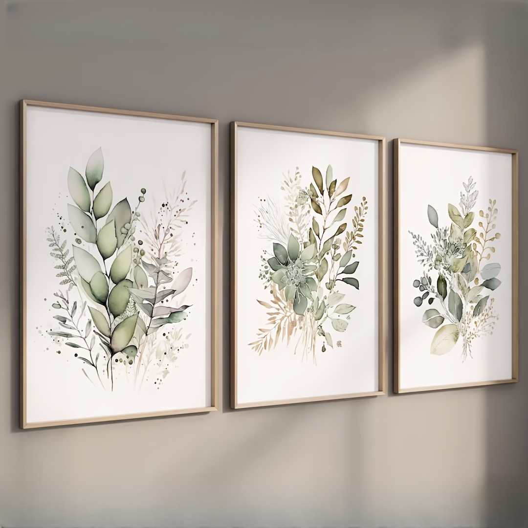 

3pcs Watercolor Botanical Canvas Print Wall Art Sage Green Beige Wild Flowers Artwork Floral Bundle Modern Home Decor For Living Room Party Decoration Mother's Day Gift