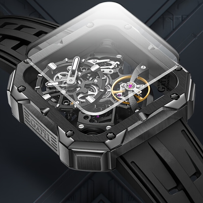 Men's Classic Square Skeleton Mechanical Watch with Fluoroelastomer Strap