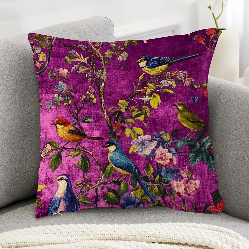 TEMU 1 housse de coussin douce double face en velours magenta luxueux avec des oiseaux , parfaite pour les canapés, les chaises, les lits, et les