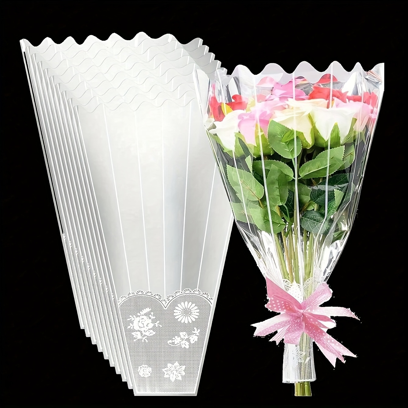 Image of 10pcs Flower Bags For Bouquet Plastic Transparent Floral Wrapping Bags 11 X 17 Inch Clear Bouquet Sleeves Bulk With Lace Decor Disposable Flower Packaging For Flower Shop