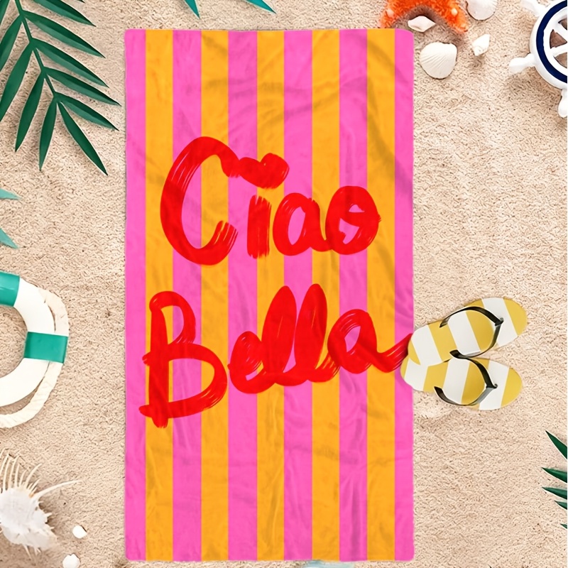TEMU 1pc Of Peach Pink And Warm Orange-yellow Vertical Stripe Bella Digital Hd Printed Microfiber Beach Towel, Soft And Absorbent, Lightweight And