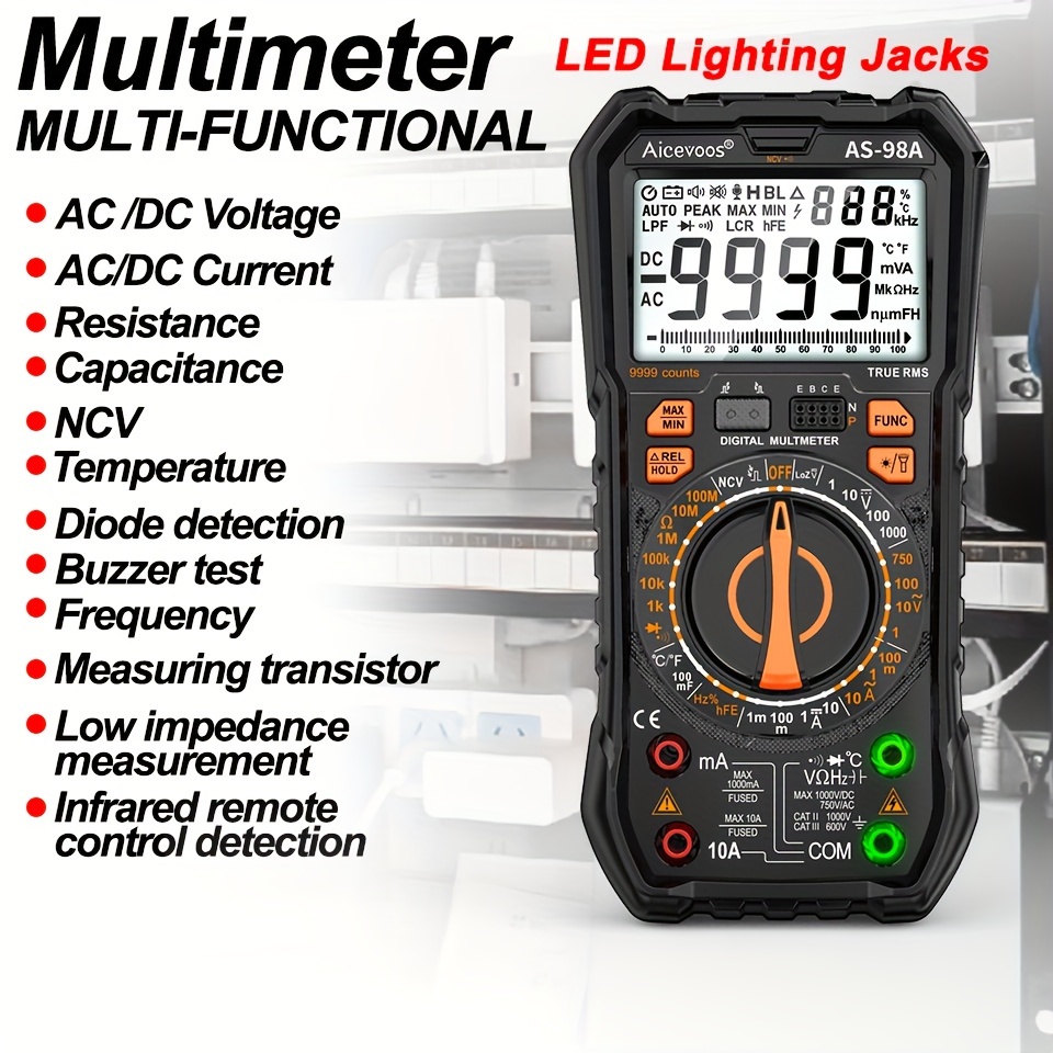 AICEVOOS Digital Multimeter, 9999 Counts TRMS, Professional Electrical Tester with LED Display, ABS Material, Battery Powered, 0.01 Accuracy, AC/DC Voltage, Ohm, Capacitor, Transistor, NCV Measurement, No Battery Included