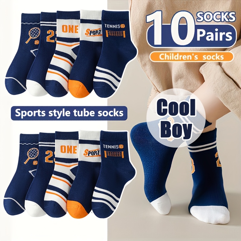 10 Pairs Children Socks Boys Athletic Style Tennis Mid-calf Socks Versatile For