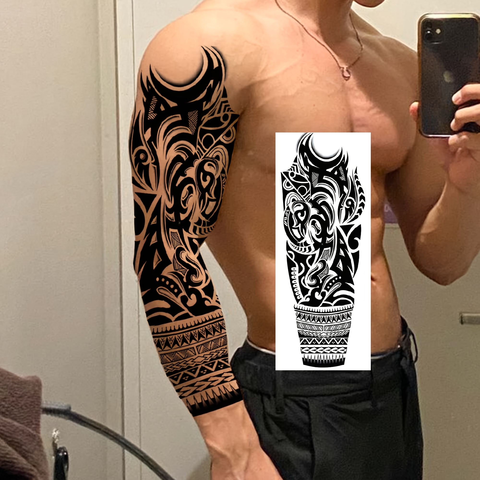 Image of 1 Sheet Of Temporary Tattoos Featuring Full Arm Totem Designs, Suitable For Adults And Applicable On Thighs, Legs, And Forearms. Waterproof And Long-lasting Fake Tattoos Serve As Stickers