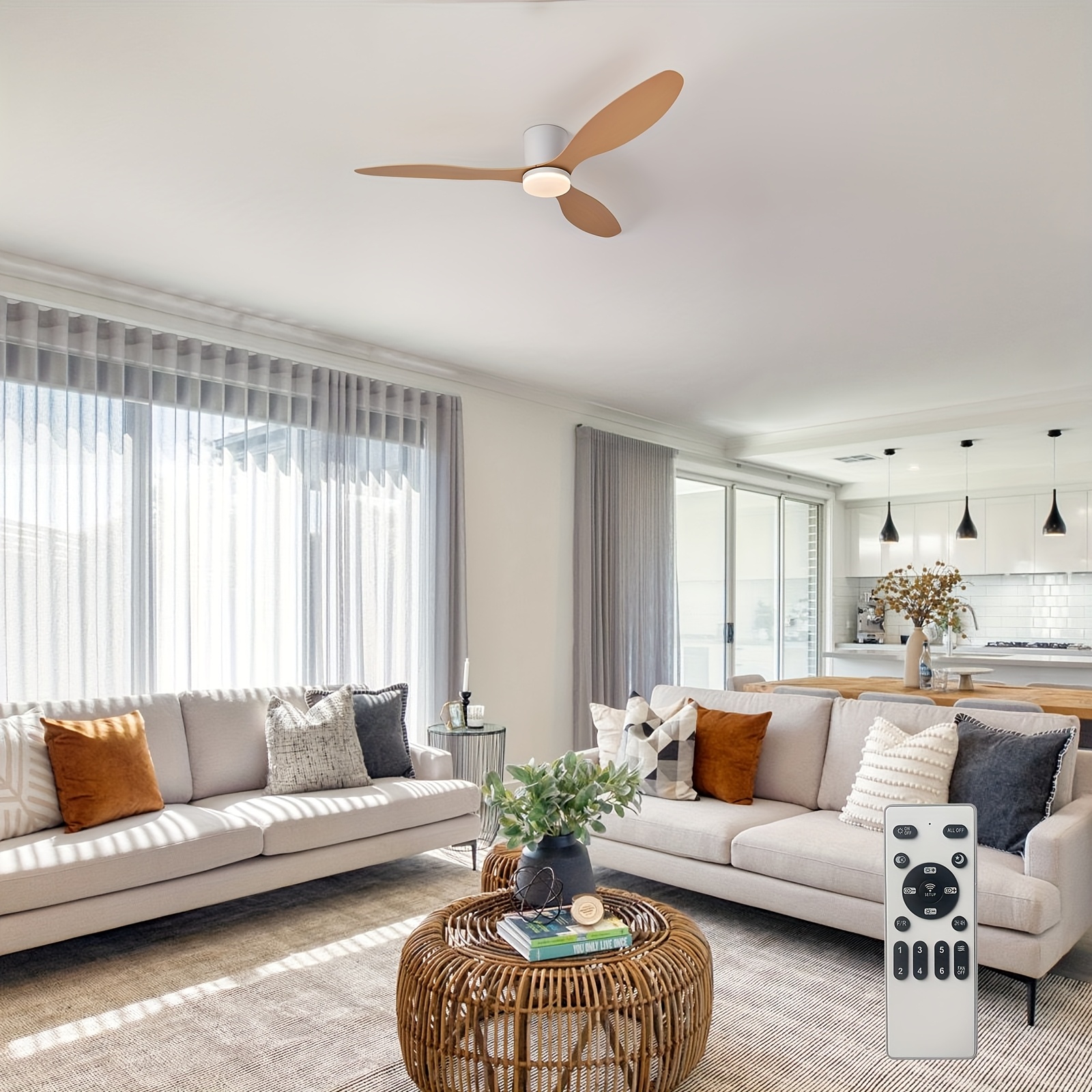 1pc 52-Inch Low-Profile Ceiling Fan with Light and Remote Control, 6 Speeds, Dimmable LED, Smart Timer, DC Motor, Suitable for Indoor or Outdoor Use in Dining Rooms, Living Rooms, Bedrooms, Etc