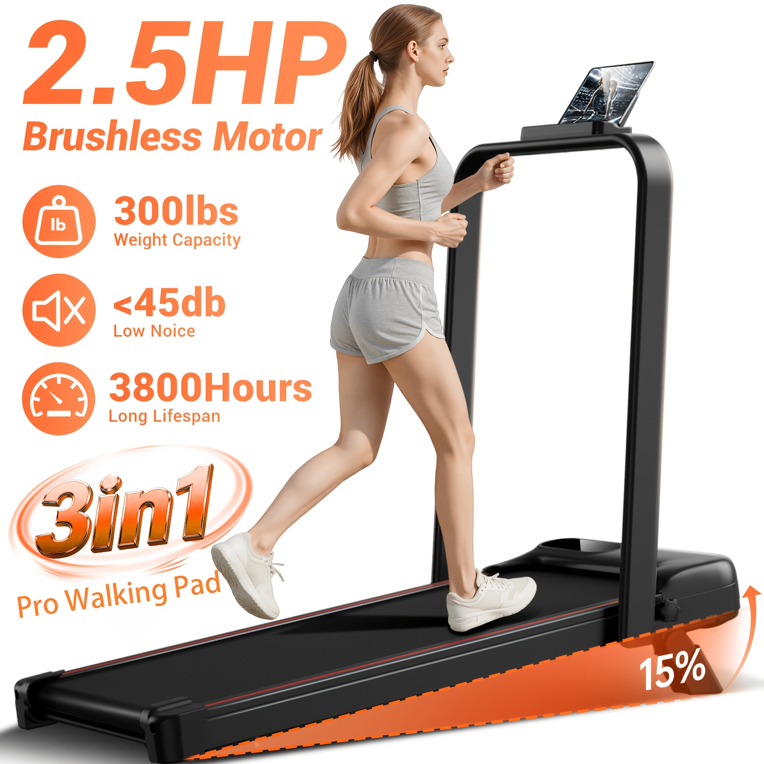   tapis de marche 3-en-1 sous   avec inclinaison de 15 %, tapis de marche pliable  , 2,5   silencieux   balais,   de 300 lbs,   batterie