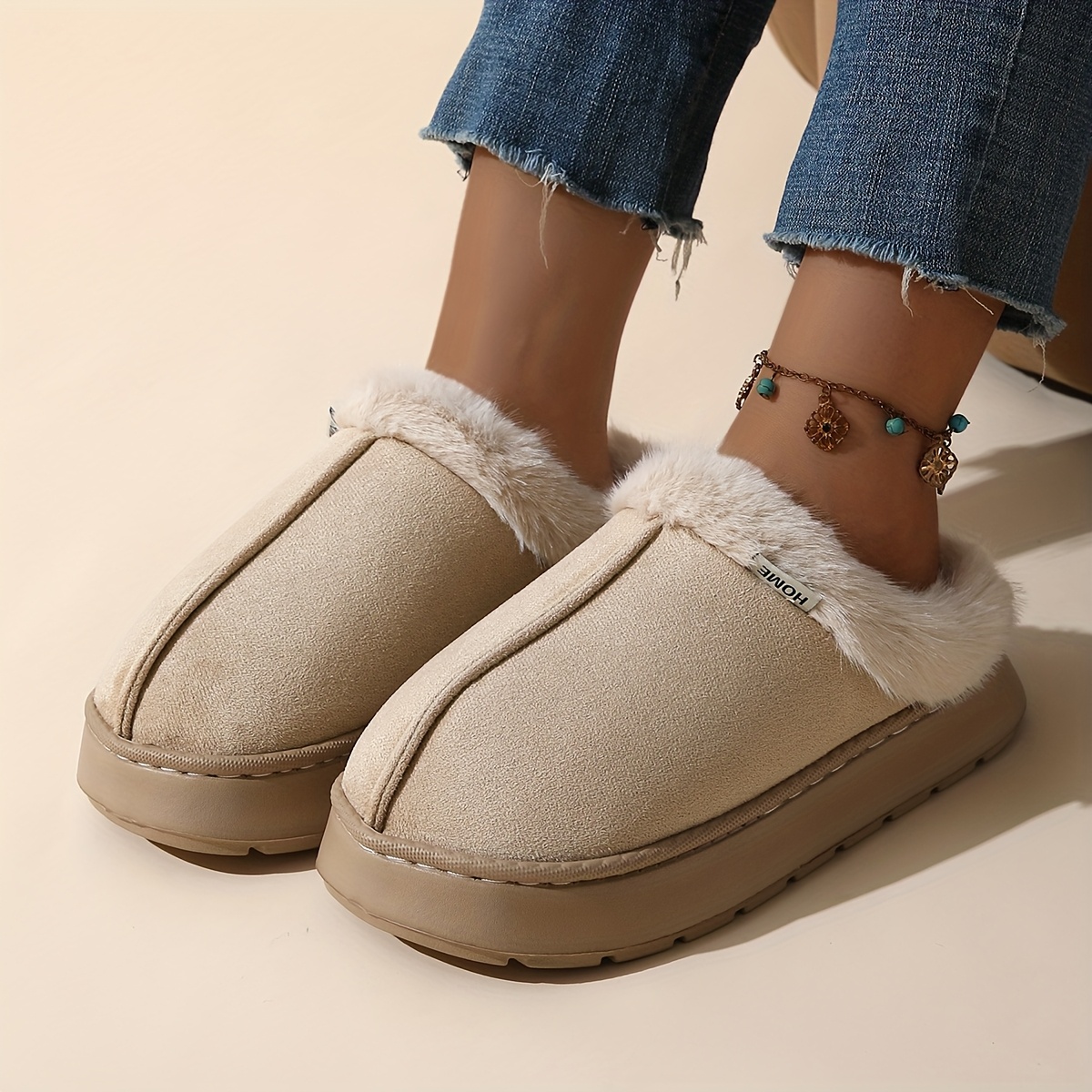womens elegant plush slip on slippers soft warm thick cushioned eva sole with plush lining non slip comfortable beach for summer   indoor outdoor house shoes in pastel neutral colors pink easy clean durable eva material 2