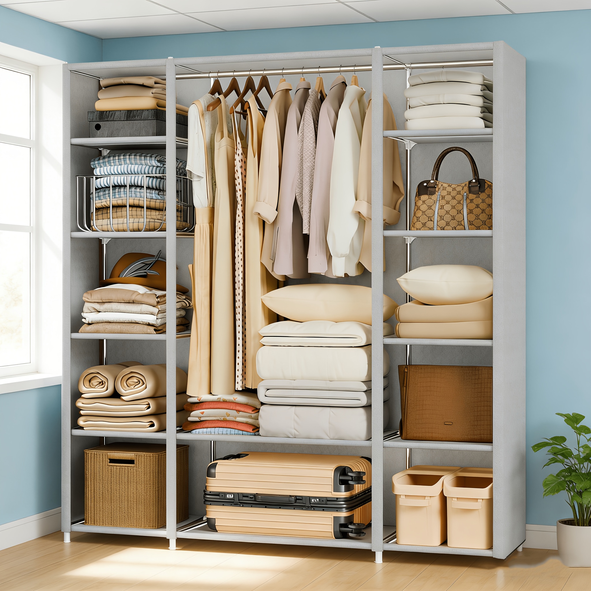 Wardrobe Closet, Portable Closet For Bedroom Steel Pipe Diameter 19mm Black Portable Closets For Hanging Clothes With 3 Hanging Rods, 6 Storage Shelves For Bedroom And Living Room, Black, Gray