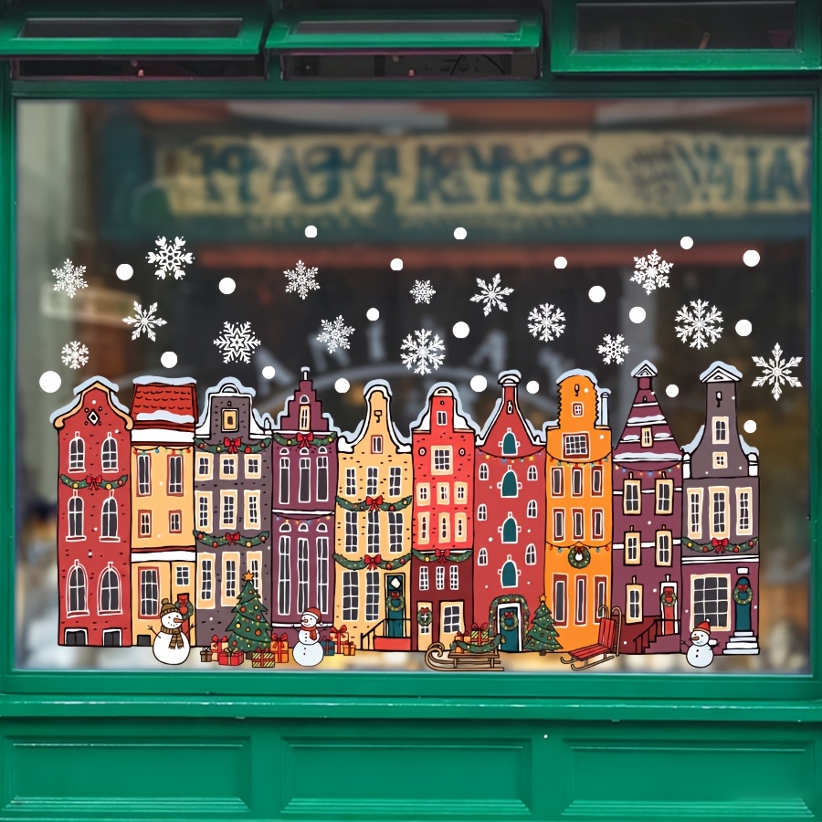TEMU Colorful Dutch Town Christmas Street Window Sticker, Snowman Mini Xmas Tree Gift Sled Snowflake Winter Static Window Cling, Double-sided , No