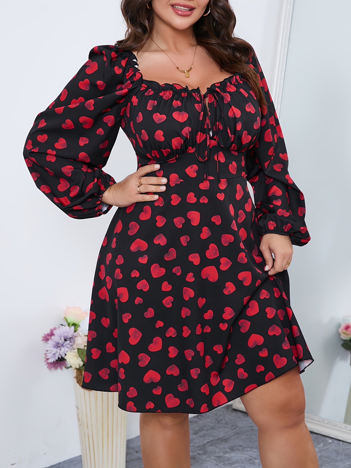 Plus Size Women's Elegant Black Heart Print A-Line Dress with Red Hearts,  Heart Neckline Puff Sleeves Adjustable Waist Tie, Knee-Length Machine Wa